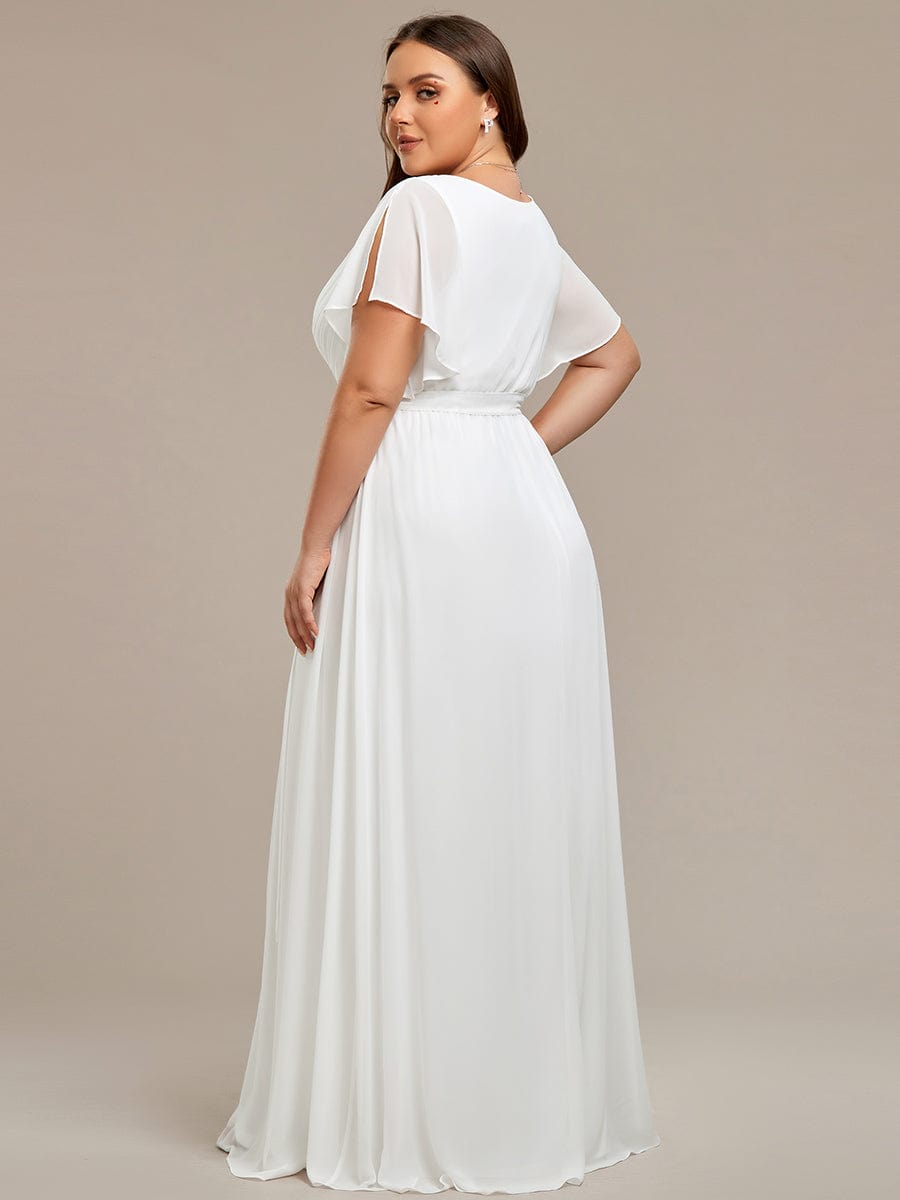 V-Neck Flutter Sleeve Floor-Length A-Line Chiffon Evening Dress #color_White