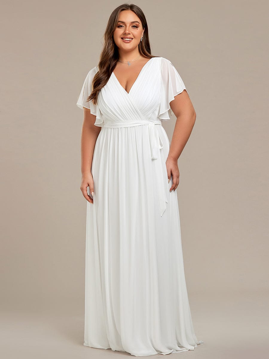 V-Neck Flutter Sleeve Floor-Length A-Line Chiffon Evening Dress #color_White