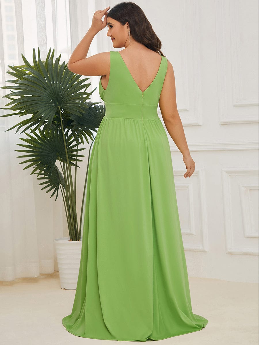 Custom Size V-Neck High Slit Empire Waist Floor-Length Evening Dress #color_Avocado Green