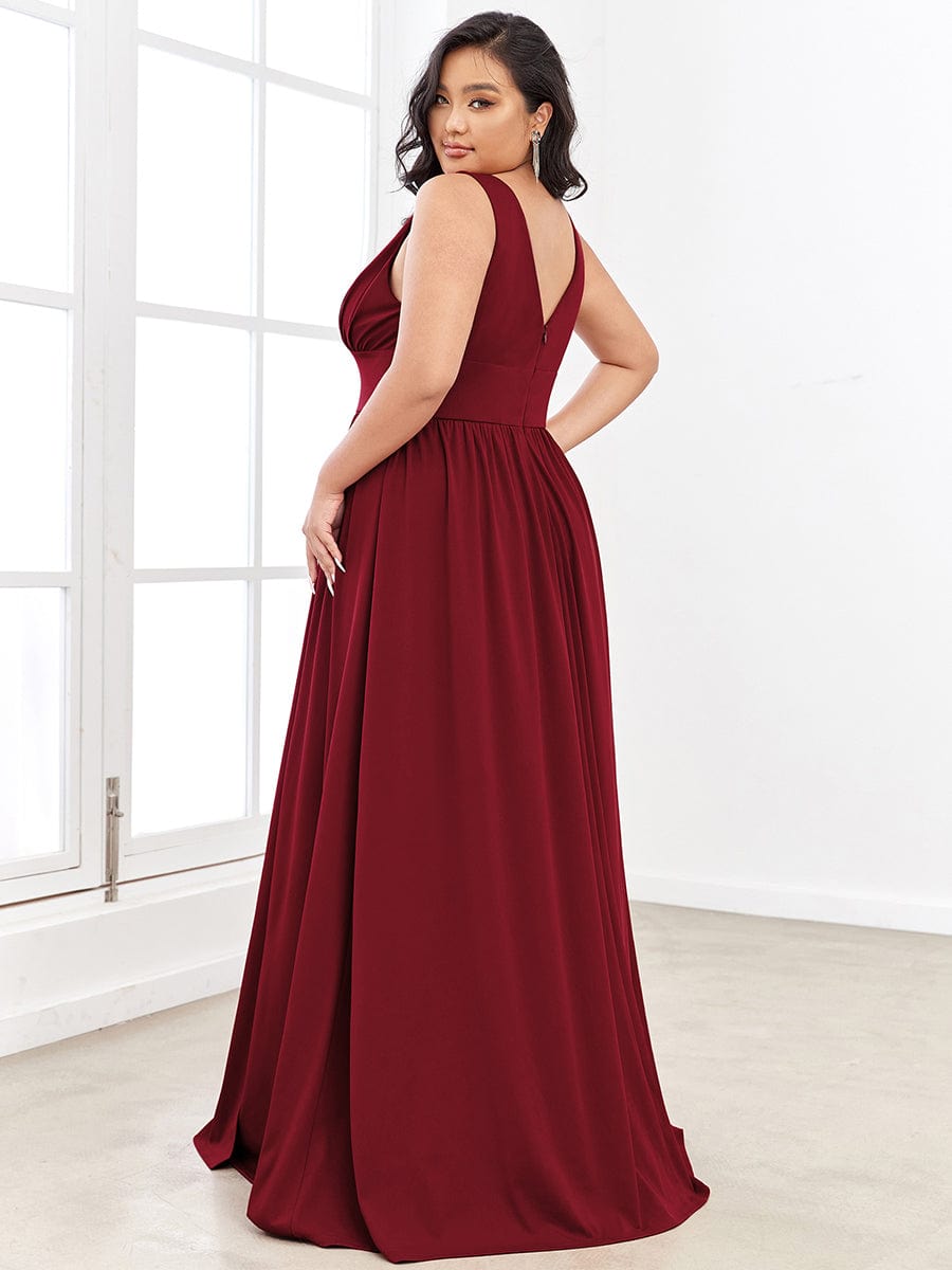 V-Neck High Slit Empire Waist Floor-Length Evening Dress #color_Burgundy