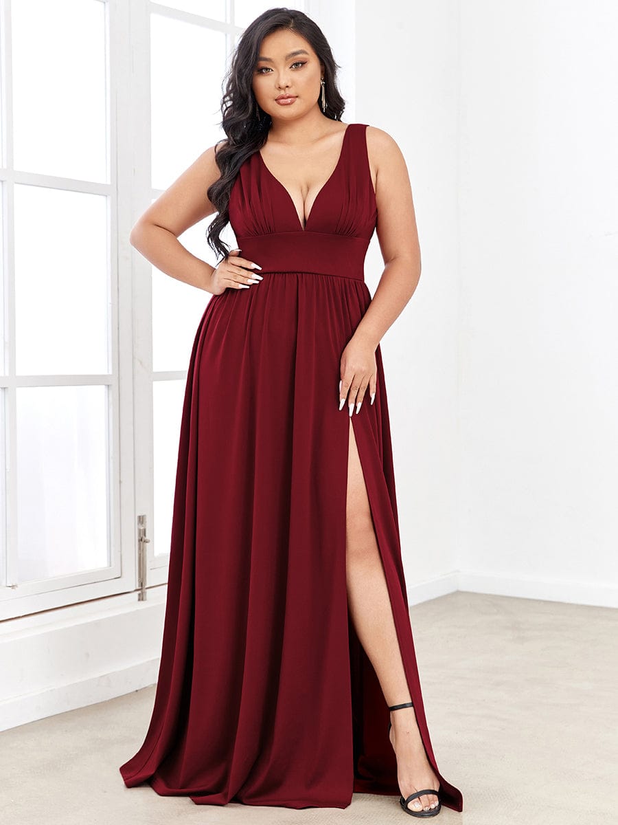 V-Neck High Slit Empire Waist Floor-Length Evening Dress #color_Burgundy