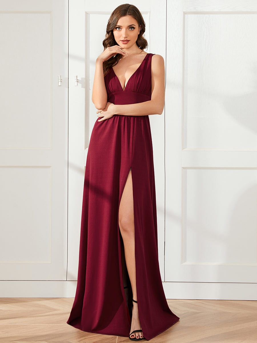V-Neck High Slit Empire Waist Floor-Length Evening Dress #color_Burgundy