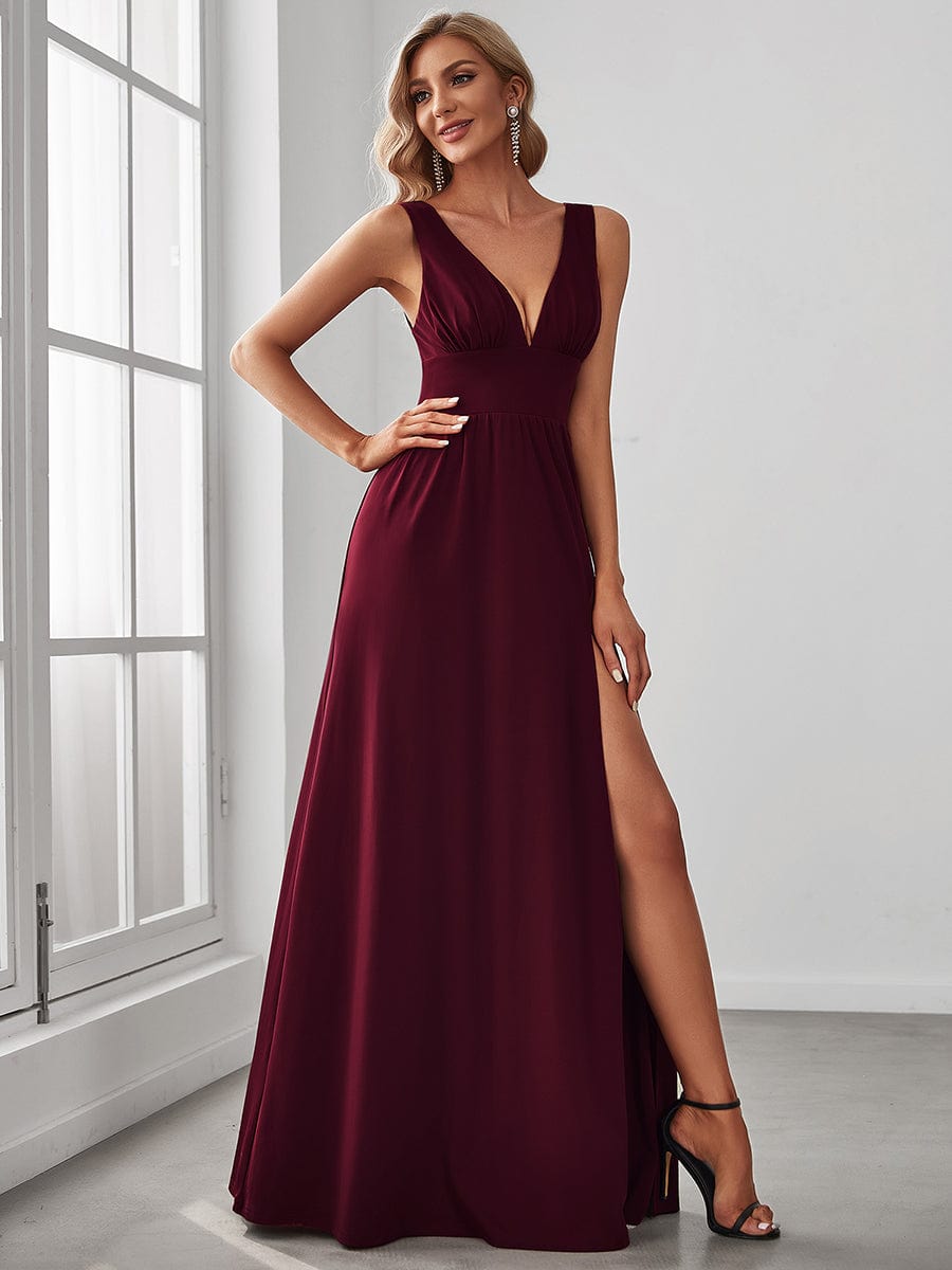 Custom Size V-Neck High Slit Empire Waist Floor-Length Evening Dress #color_Burgundy