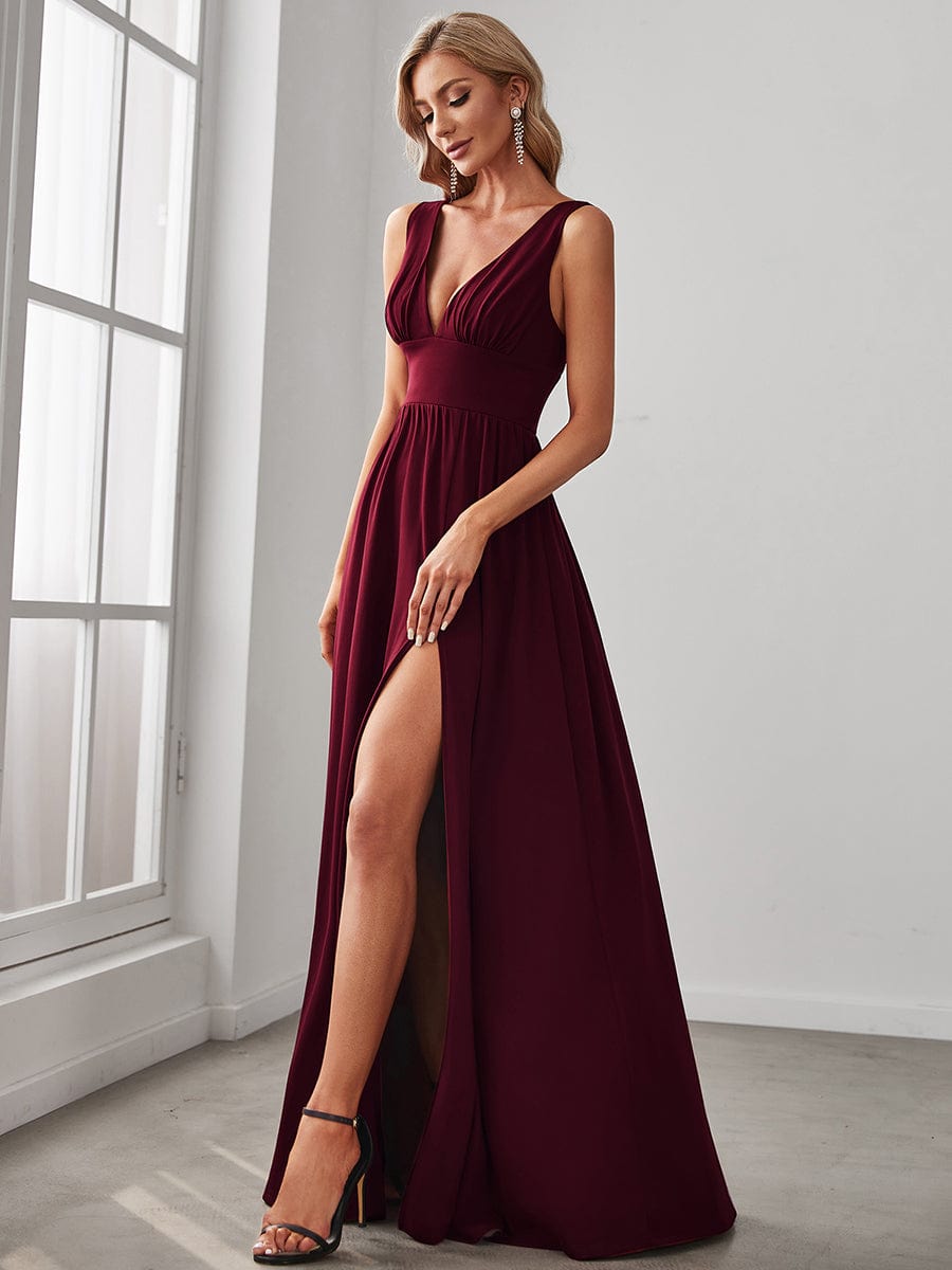 V-Neck High Slit Empire Waist Floor-Length Evening Dress #color_Burgundy