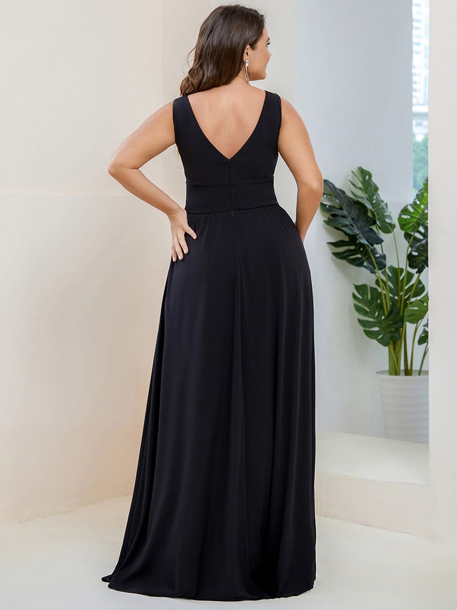 Custom Size V-Neck High Slit Empire Waist Floor-Length Evening Dress #color_Black