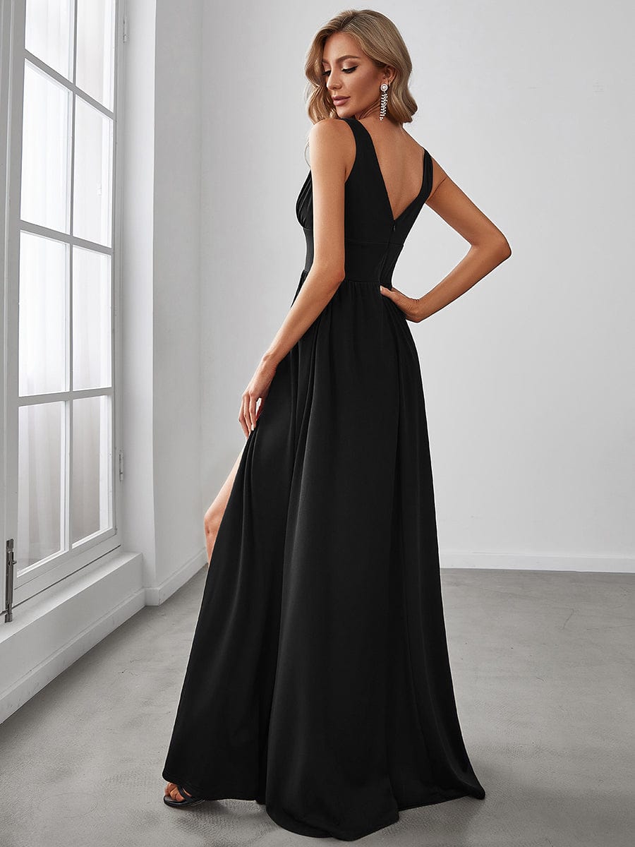 Custom Size V-Neck High Slit Empire Waist Floor-Length Evening Dress #color_Black