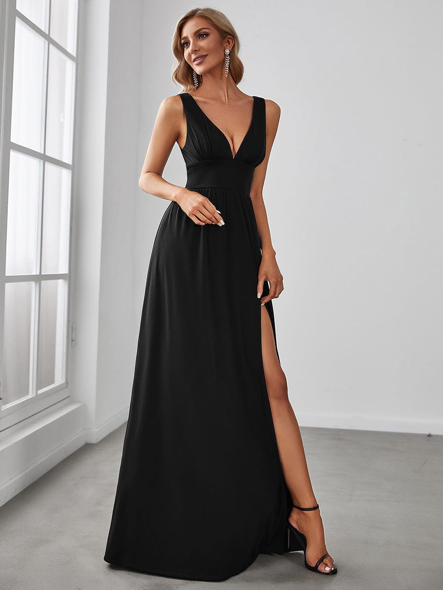 Custom Size V-Neck High Slit Empire Waist Floor-Length Evening Dress #color_Black