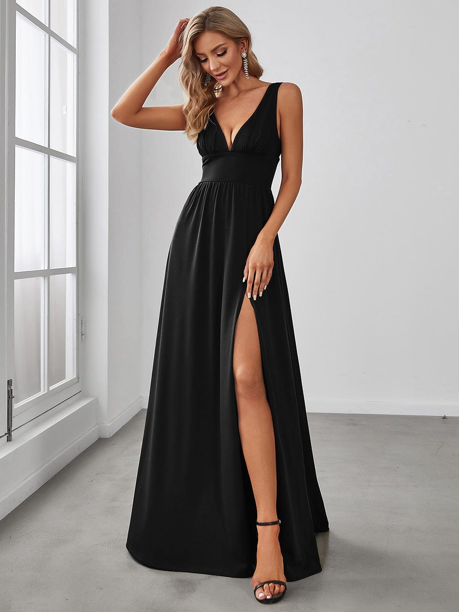 Custom Size V-Neck High Slit Empire Waist Floor-Length Evening Dress #color_Black