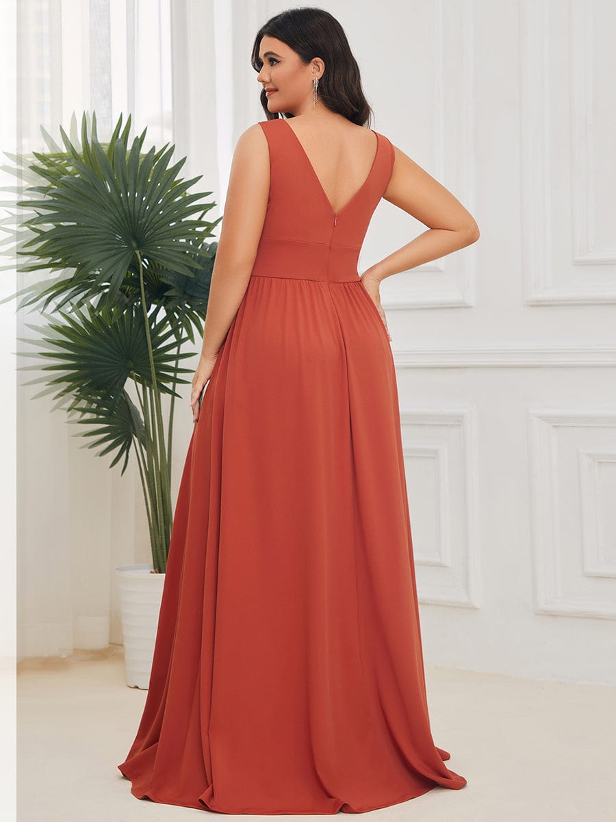 Custom Size V-Neck High Slit Empire Waist Floor-Length Evening Dress #color_Burnt Orange