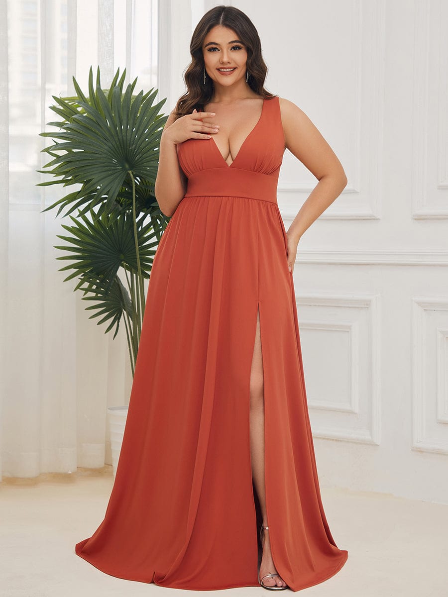 Custom Size V-Neck High Slit Empire Waist Floor-Length Evening Dress #color_Burnt Orange