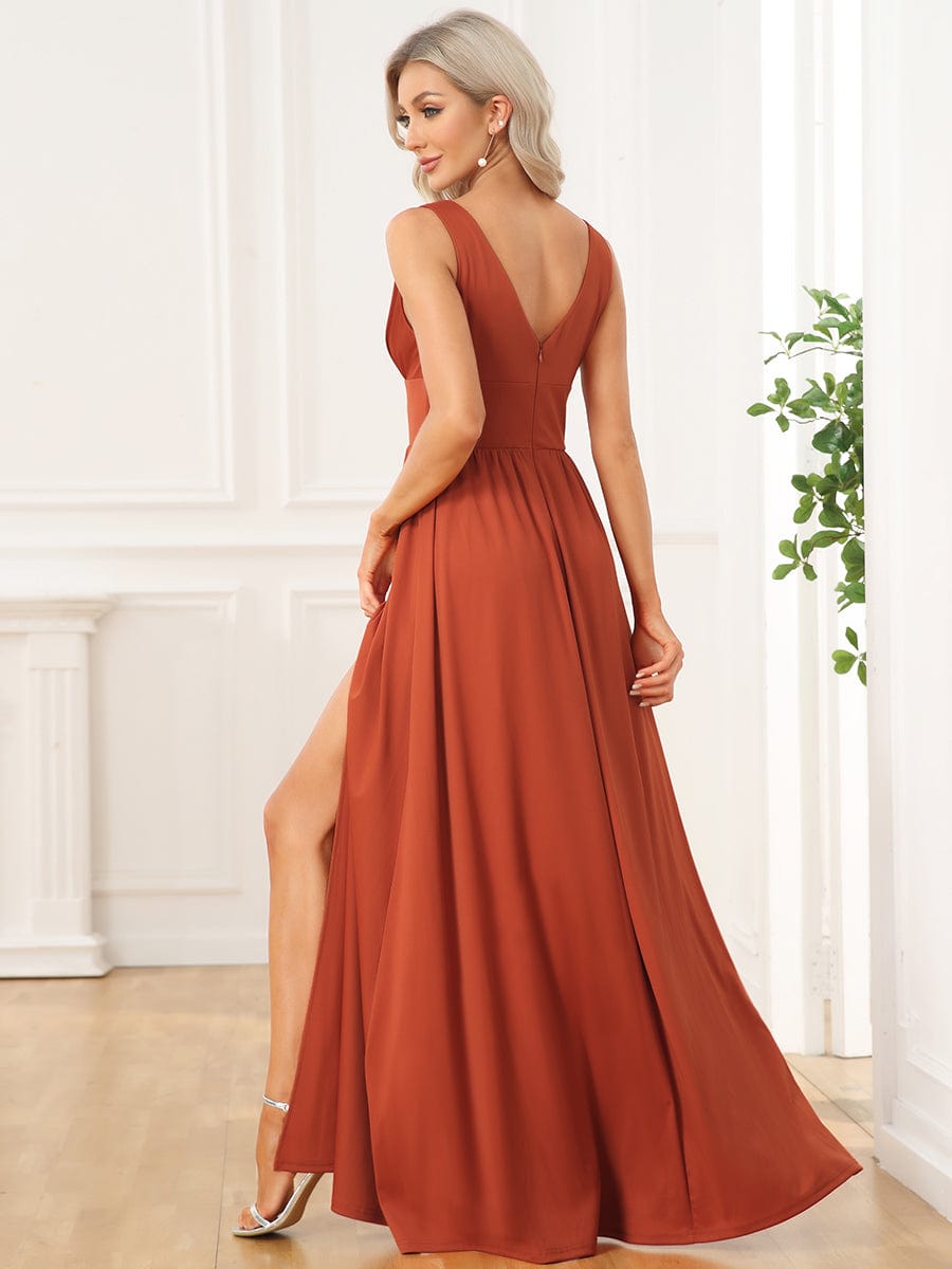 Custom Size V-Neck High Slit Empire Waist Floor-Length Evening Dress #color_Burnt Orange