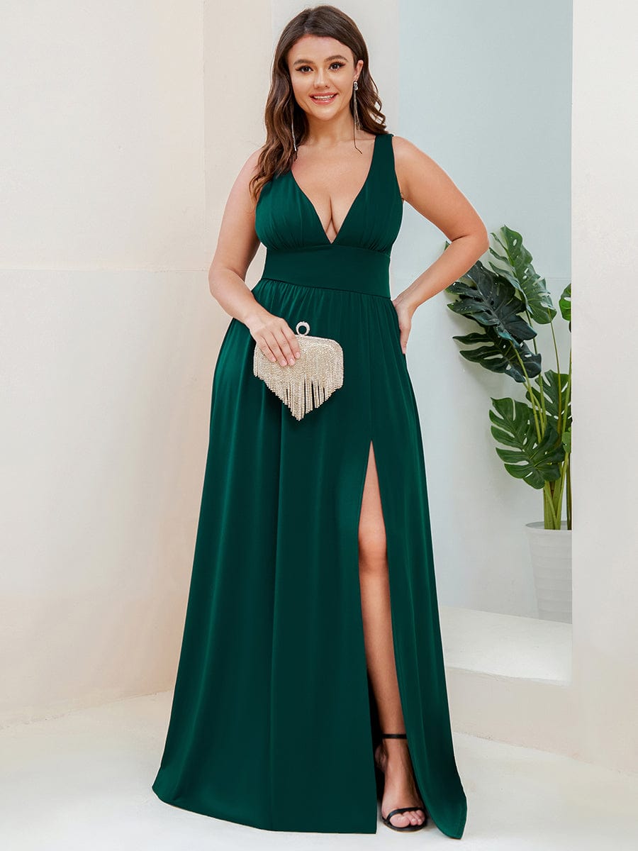 Custom Size V-Neck High Slit Empire Waist Floor-Length Evening Dress #color_Dark Green