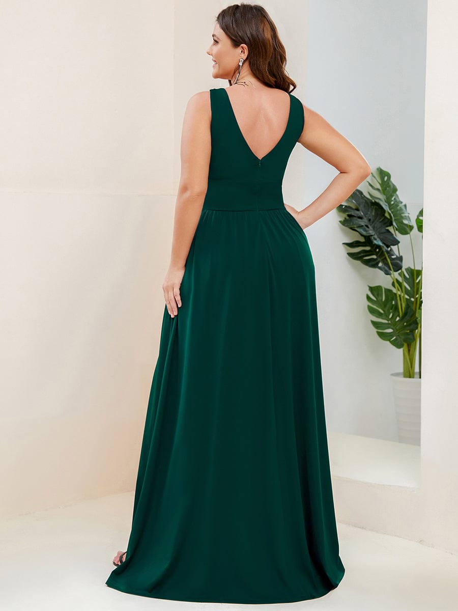 V-Neck High Slit Empire Waist Floor-Length Evening Dress #color_Dark Green