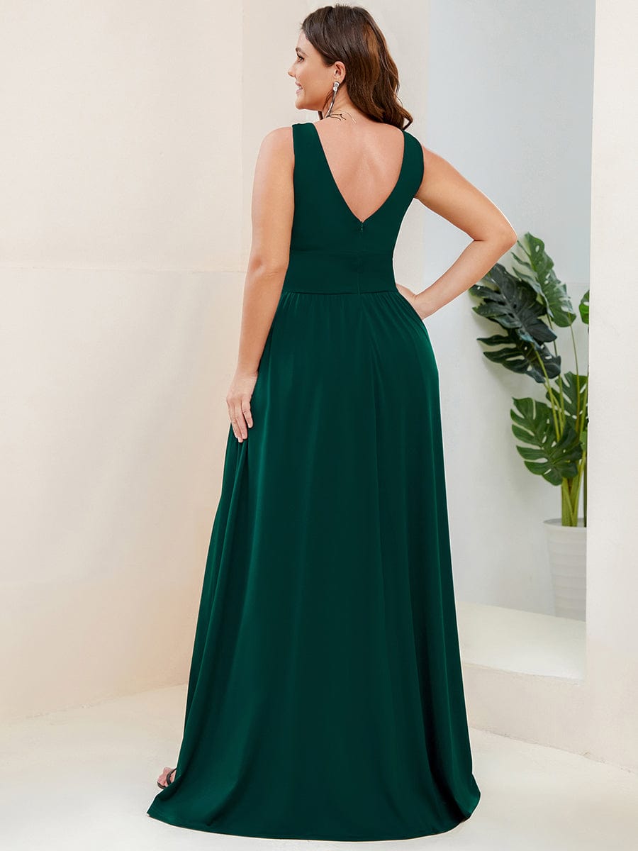 Custom Size V-Neck High Slit Empire Waist Floor-Length Evening Dress #color_Dark Green