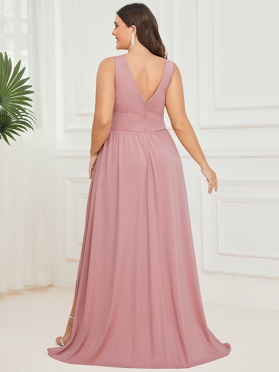 Custom Size V-Neck High Slit Empire Waist Floor-Length Evening Dress #color_Dusty Rose