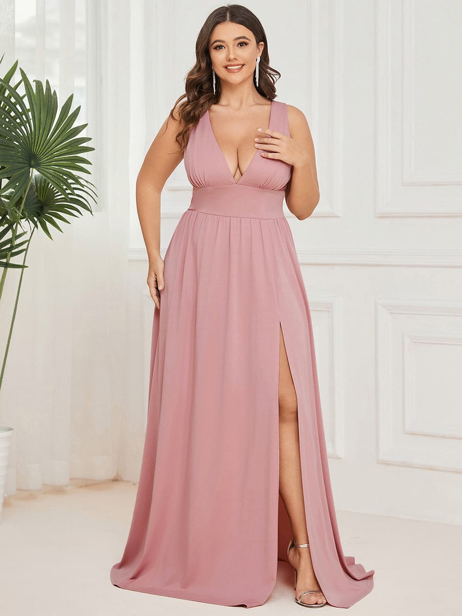 Custom Size V-Neck High Slit Empire Waist Floor-Length Evening Dress #color_Dusty Rose