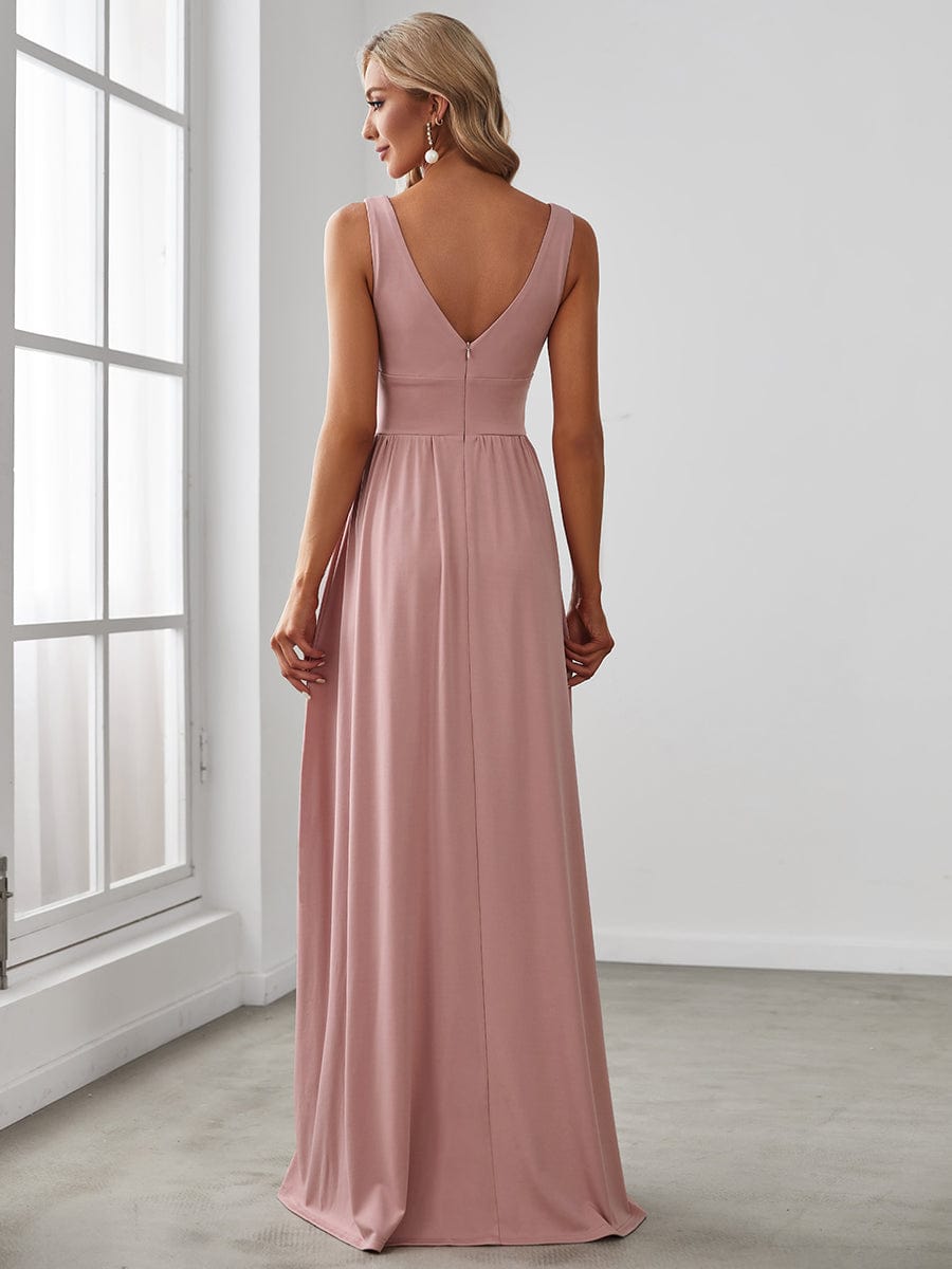 Custom Size V-Neck High Slit Empire Waist Floor-Length Evening Dress #color_Dusty Rose