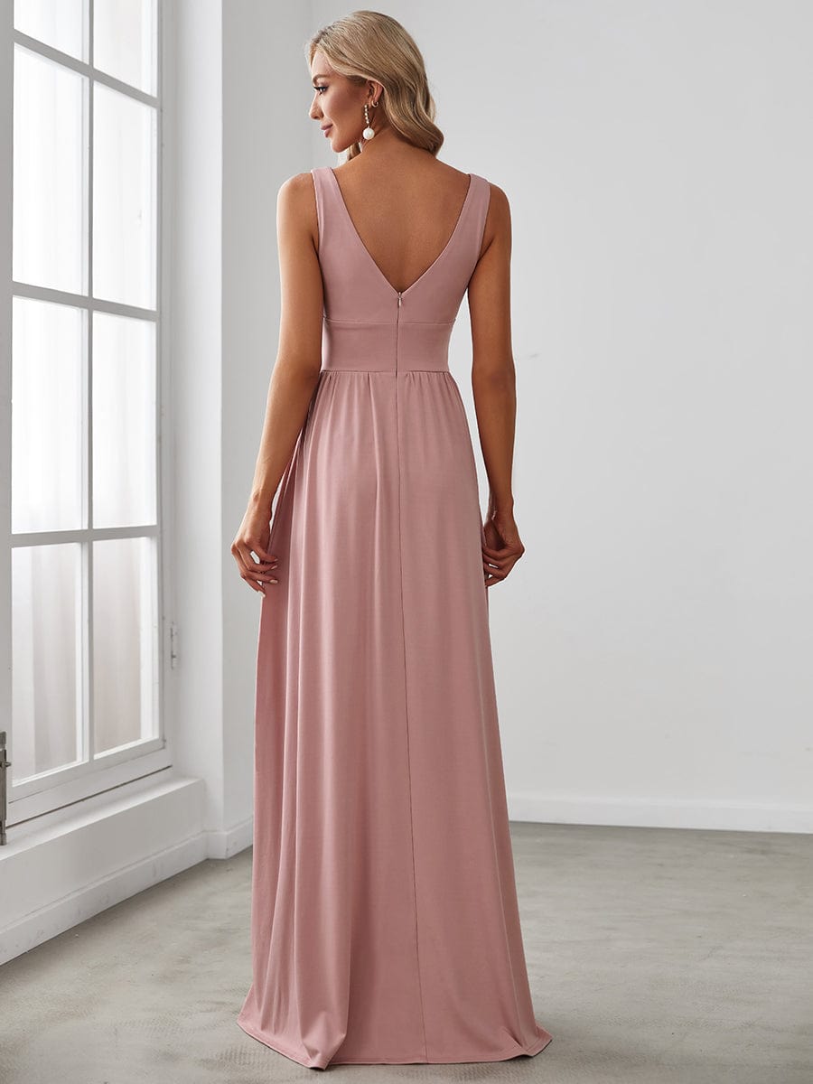 V-Neck High Slit Empire Waist Floor-Length Evening Dress #color_Dusty Rose