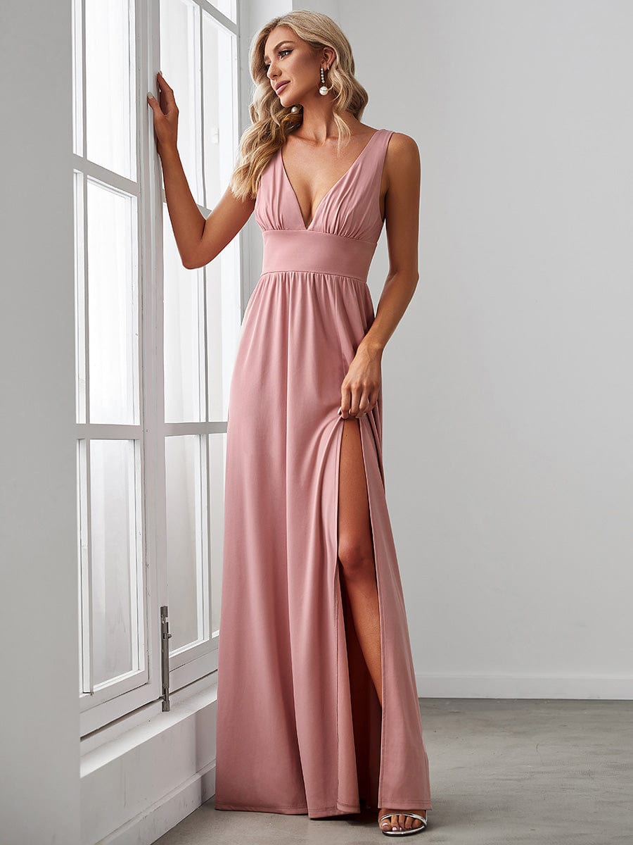 Custom Size V-Neck High Slit Empire Waist Floor-Length Evening Dress #color_Dusty Rose