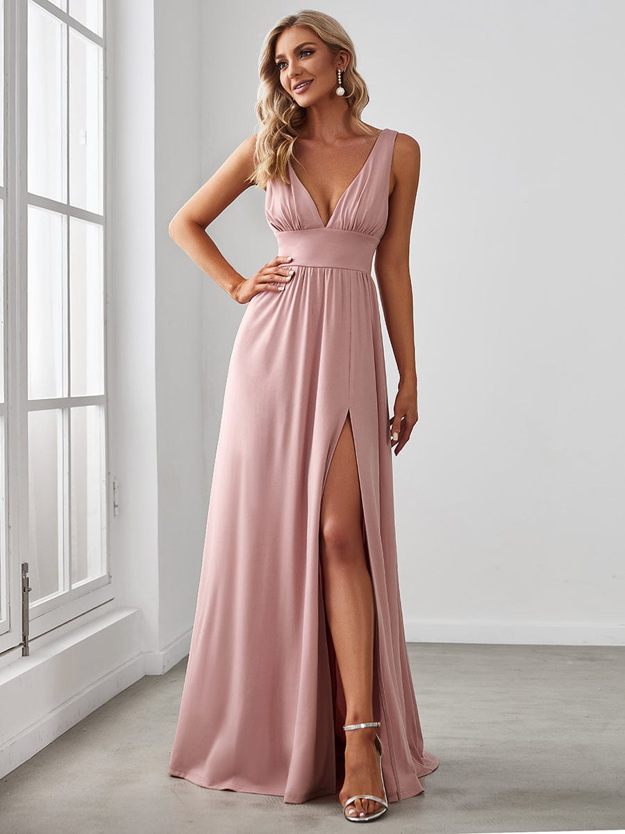 V-Neck High Slit Empire Waist Floor-Length Evening Dress #color_Dusty Rose