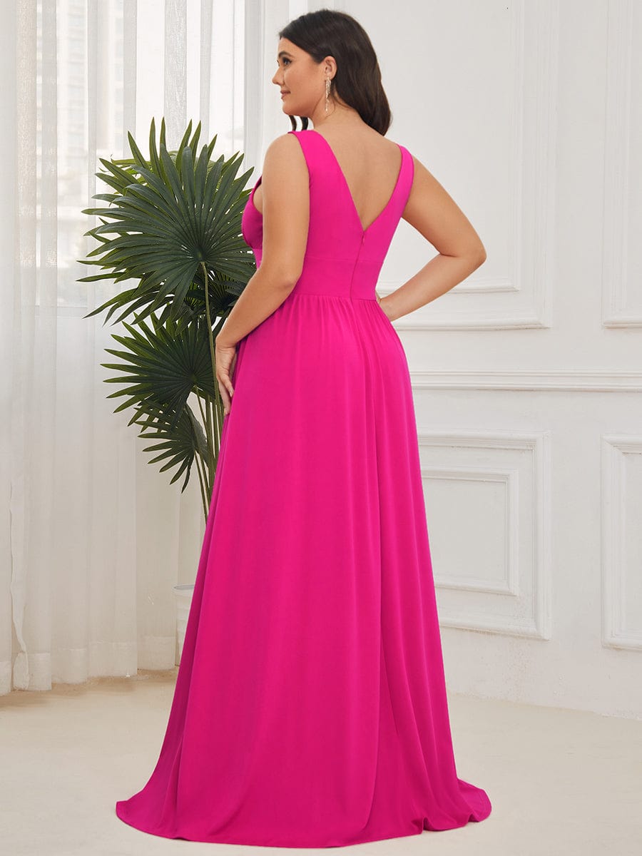 Custom Size V-Neck High Slit Empire Waist Floor-Length Evening Dress #color_Hot Pink