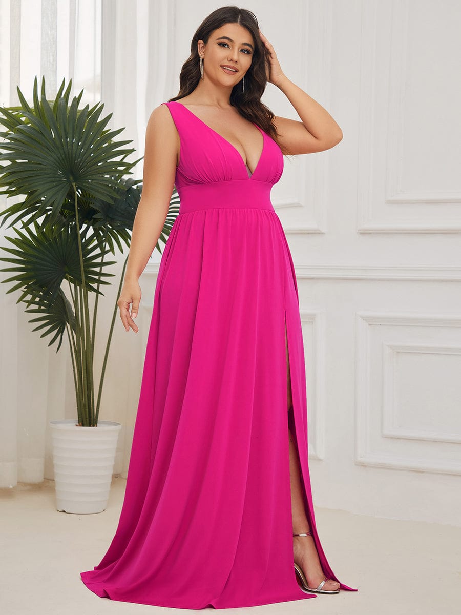 V-Neck High Slit Empire Waist Floor-Length Evening Dress #color_Hot Pink