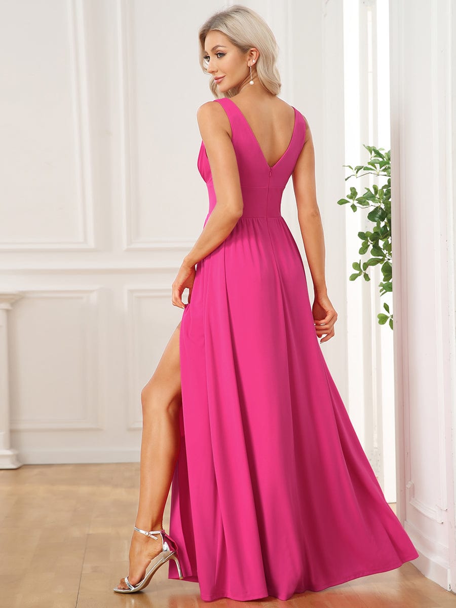 V-Neck High Slit Empire Waist Floor-Length Evening Dress #color_Hot Pink