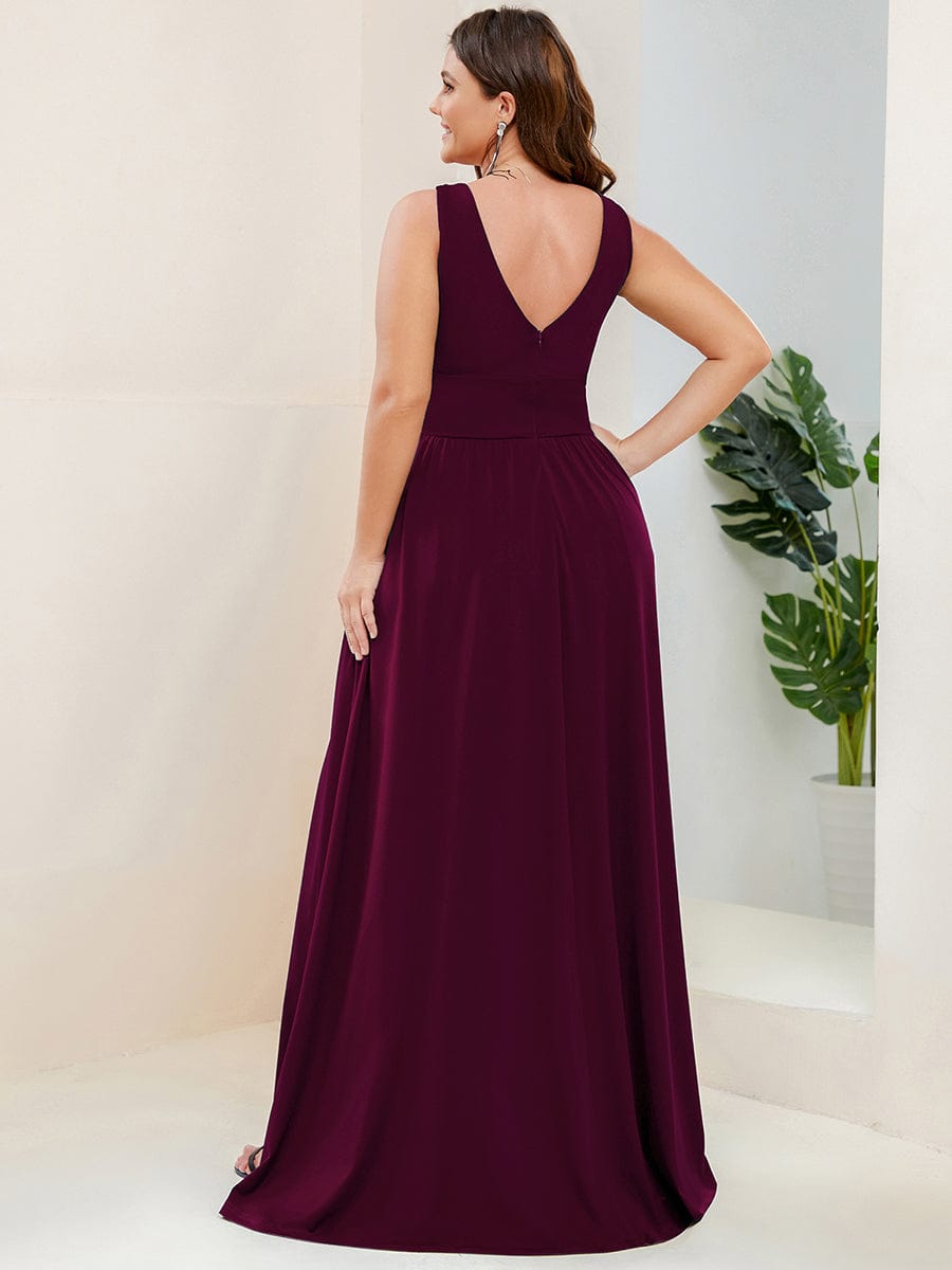 V-Neck High Slit Empire Waist Floor-Length Evening Dress #color_Mulberry