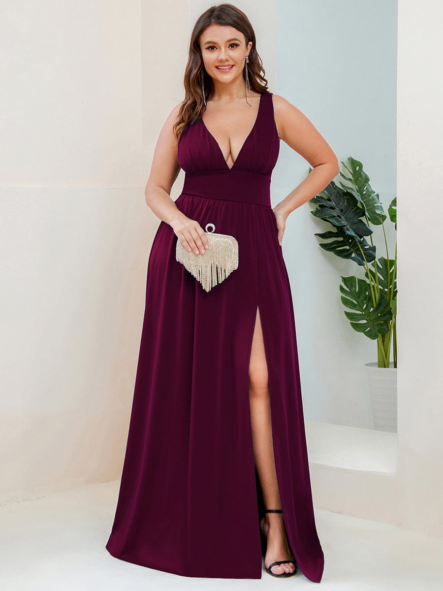 Custom Size V-Neck High Slit Empire Waist Floor-Length Evening Dress #color_Mulberry