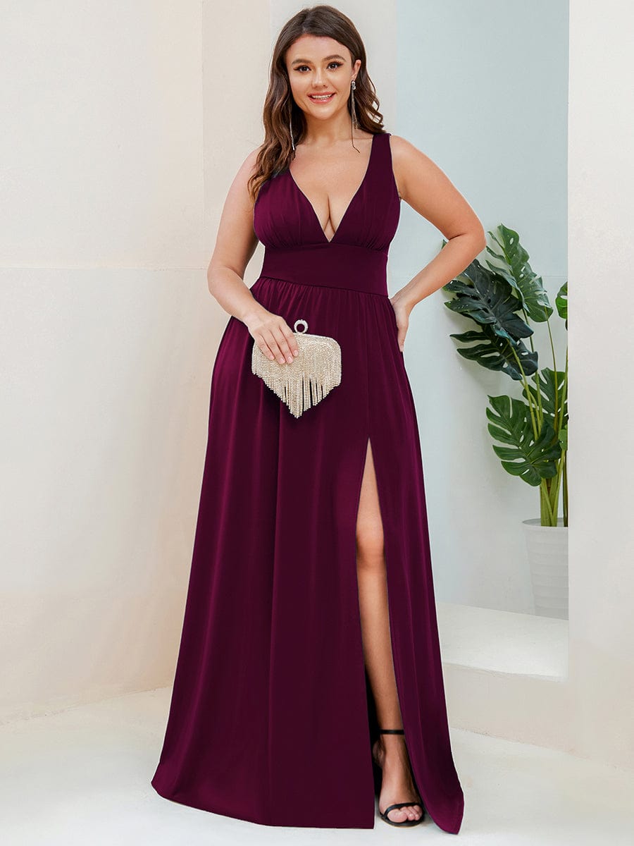 V-Neck High Slit Empire Waist Floor-Length Evening Dress #color_Mulberry