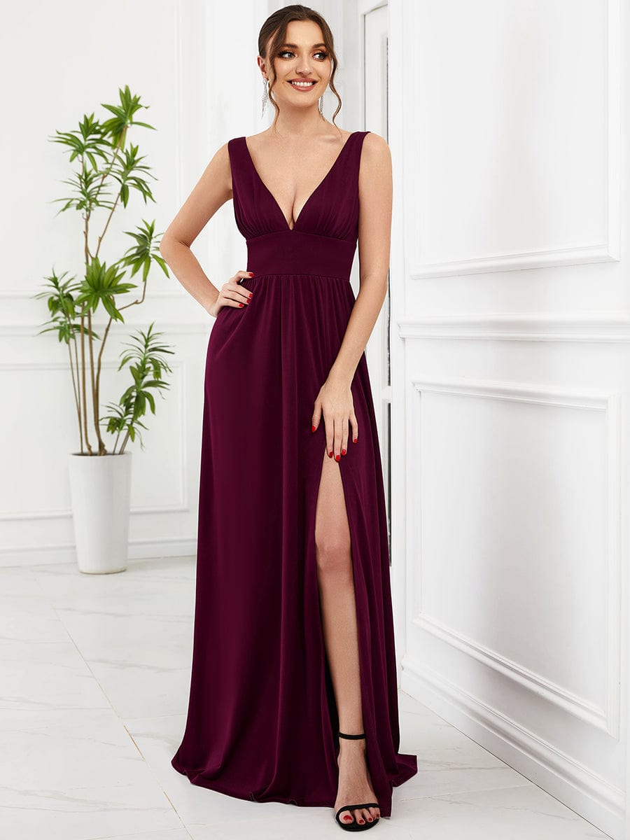 V-Neck High Slit Empire Waist Floor-Length Evening Dress #color_Mulberry