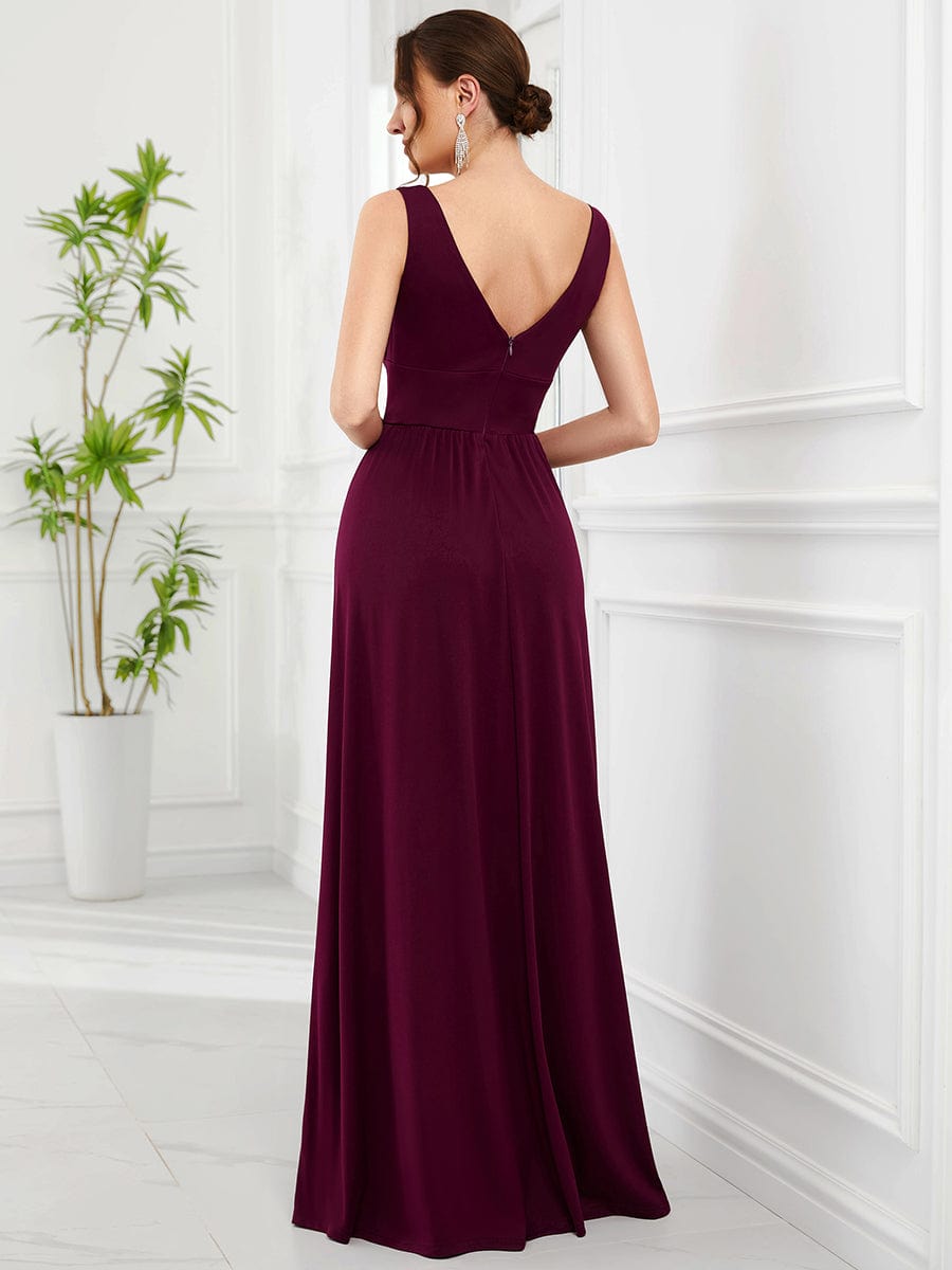 V-Neck High Slit Empire Waist Floor-Length Evening Dress #color_Mulberry