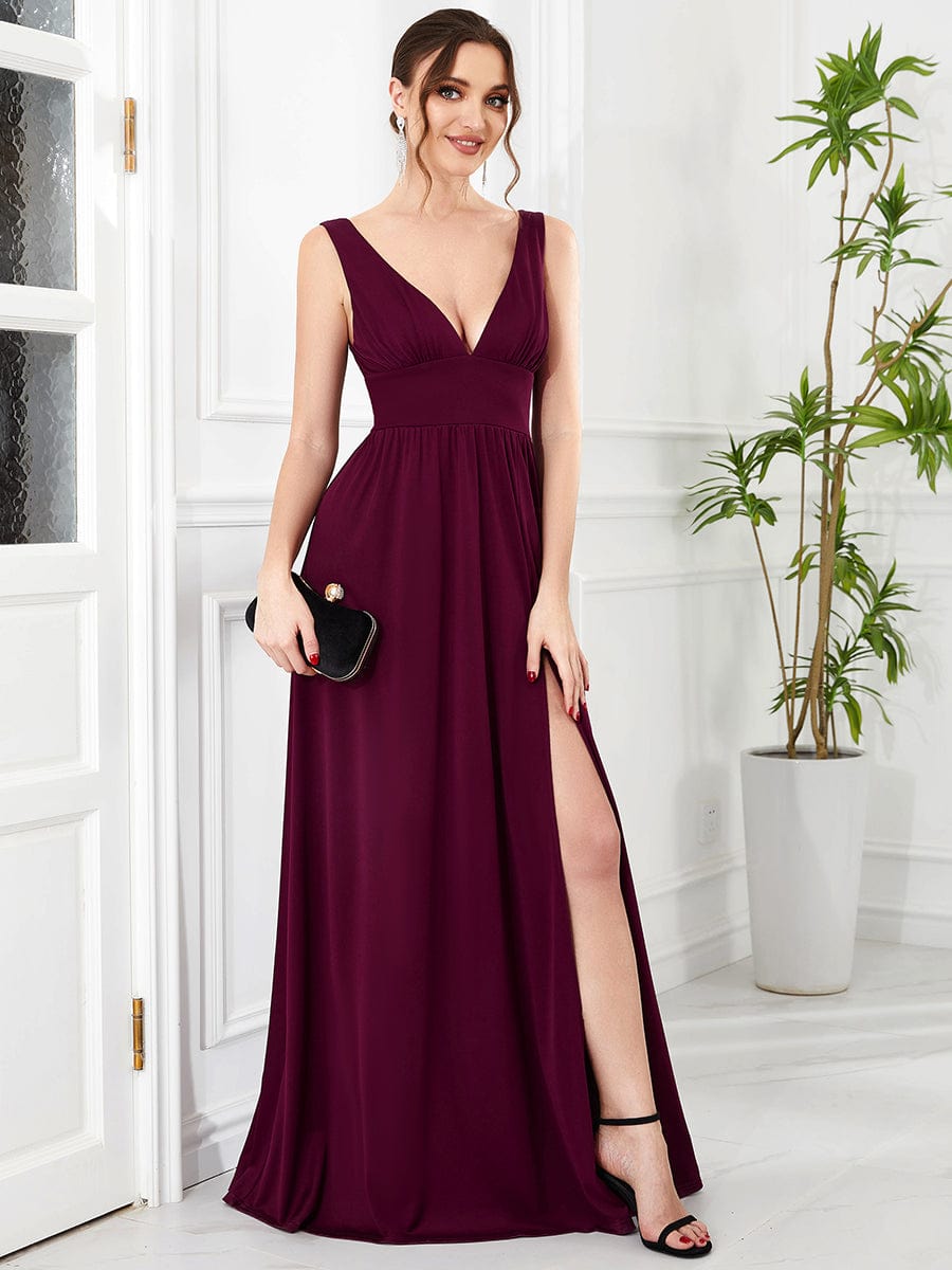 Custom Size V-Neck High Slit Empire Waist Floor-Length Evening Dress #color_Mulberry