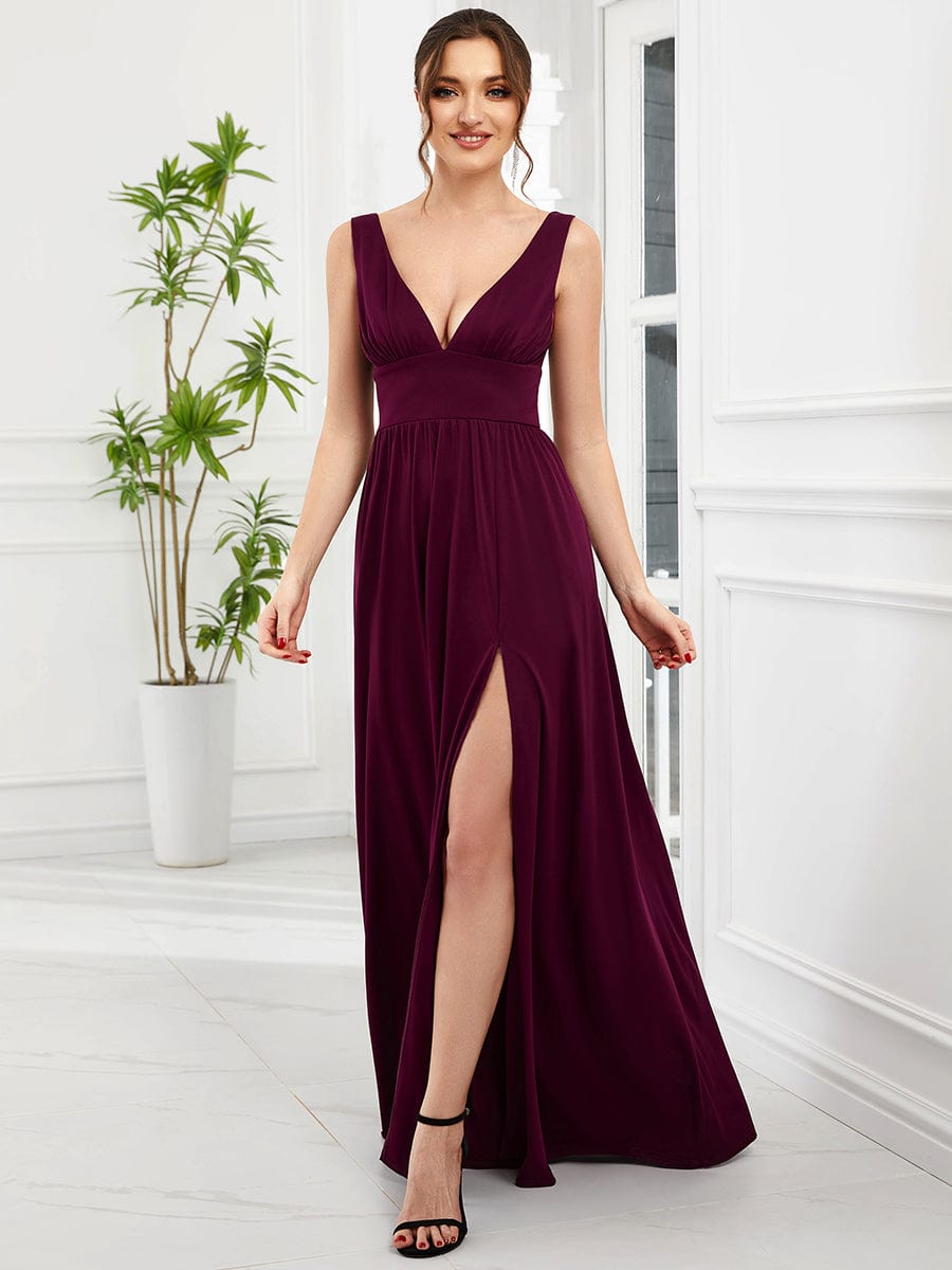 Custom Size V-Neck High Slit Empire Waist Floor-Length Evening Dress #color_Mulberry