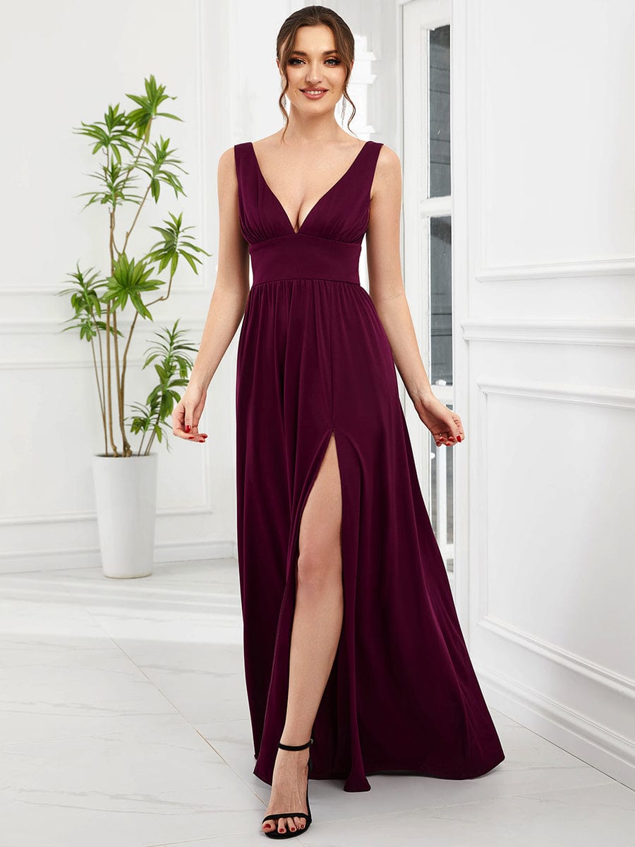 V-Neck High Slit Empire Waist Floor-Length Evening Dress #color_Mulberry