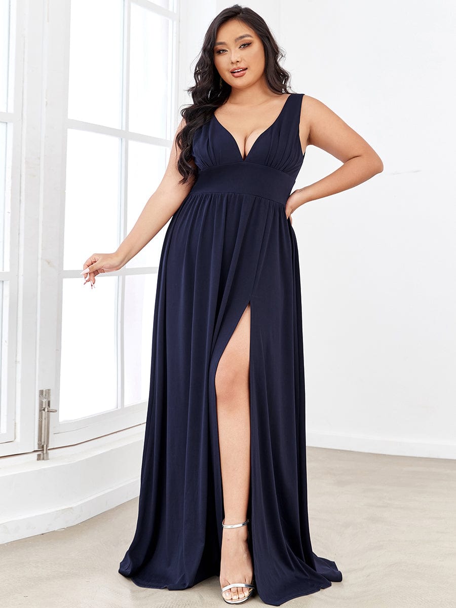 V-Neck High Slit Empire Waist Floor-Length Evening Dress #color_Navy Blue