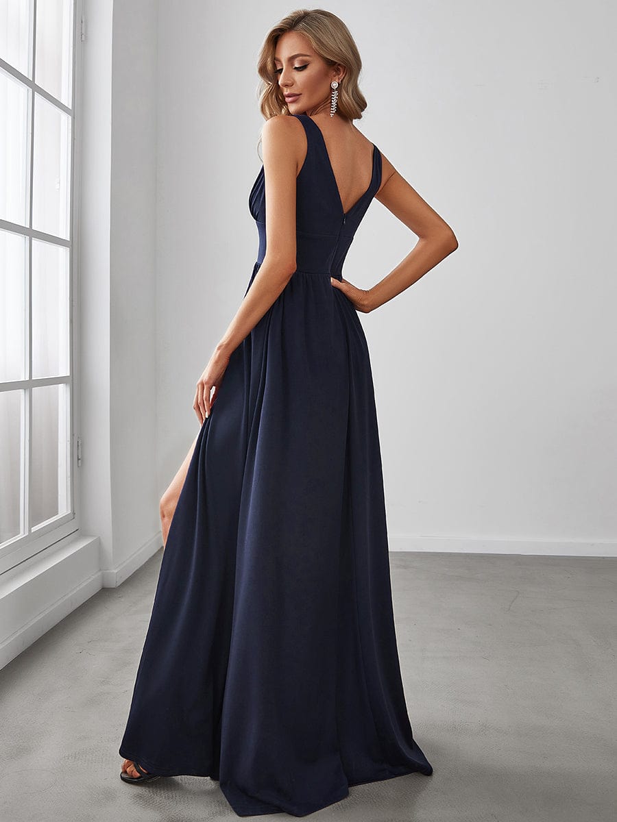 Custom Size V-Neck High Slit Empire Waist Floor-Length Evening Dress #color_Navy Blue