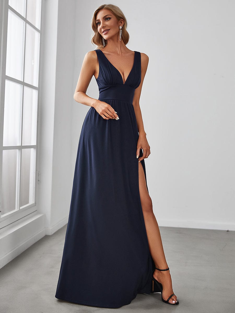 Custom Size V-Neck High Slit Empire Waist Floor-Length Evening Dress #color_Navy Blue