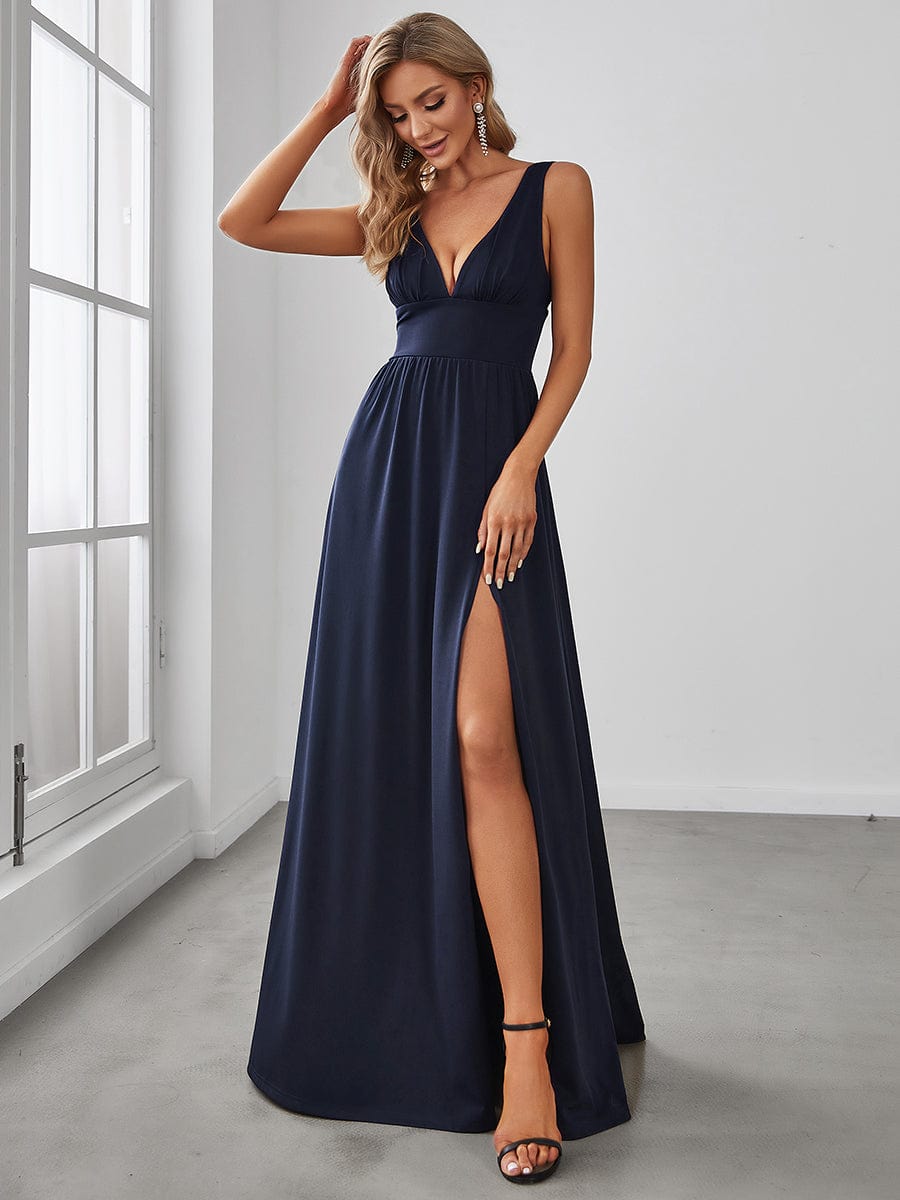 Custom Size V-Neck High Slit Empire Waist Floor-Length Evening Dress #color_Navy Blue