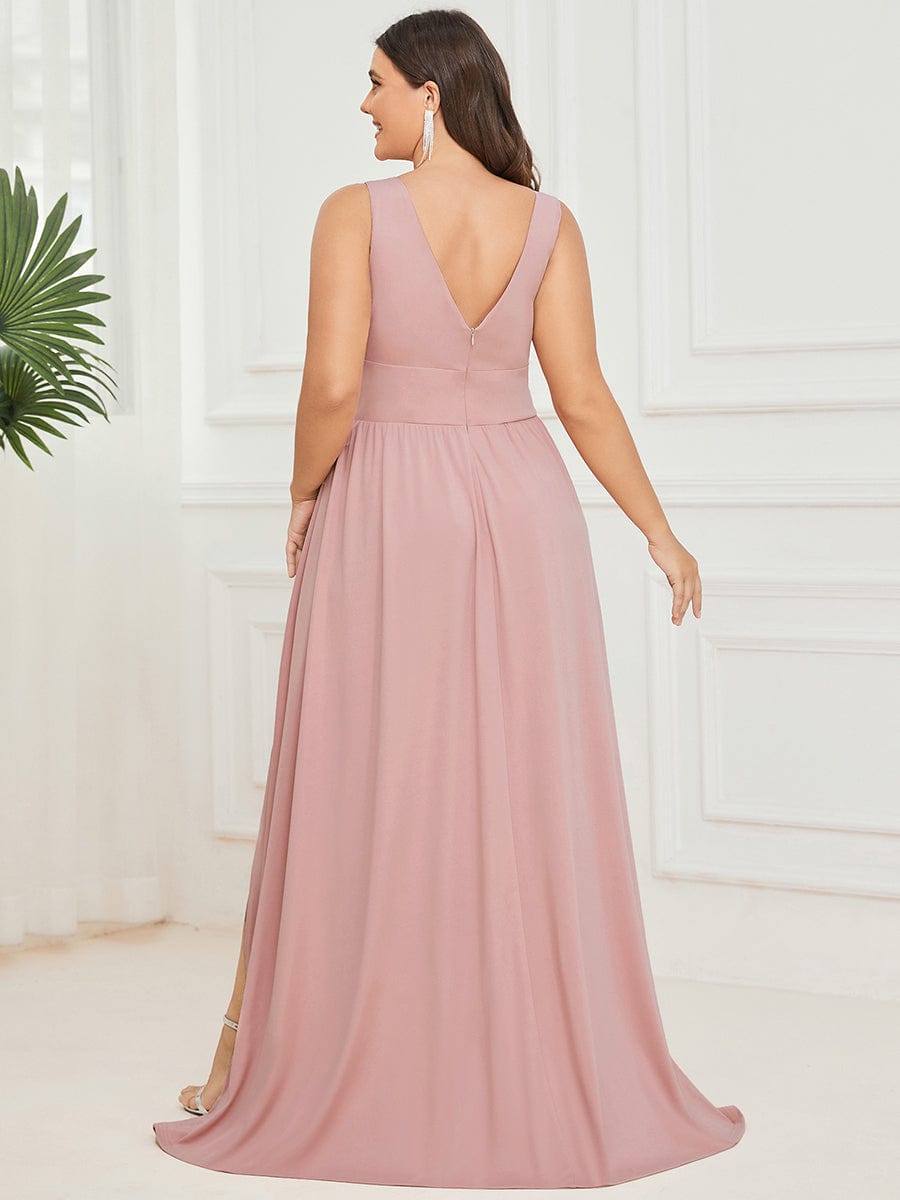 Plus Size Chiffon Lace Print Sleeveless Empire Waist V-Neck Evening Dress #color_Pink