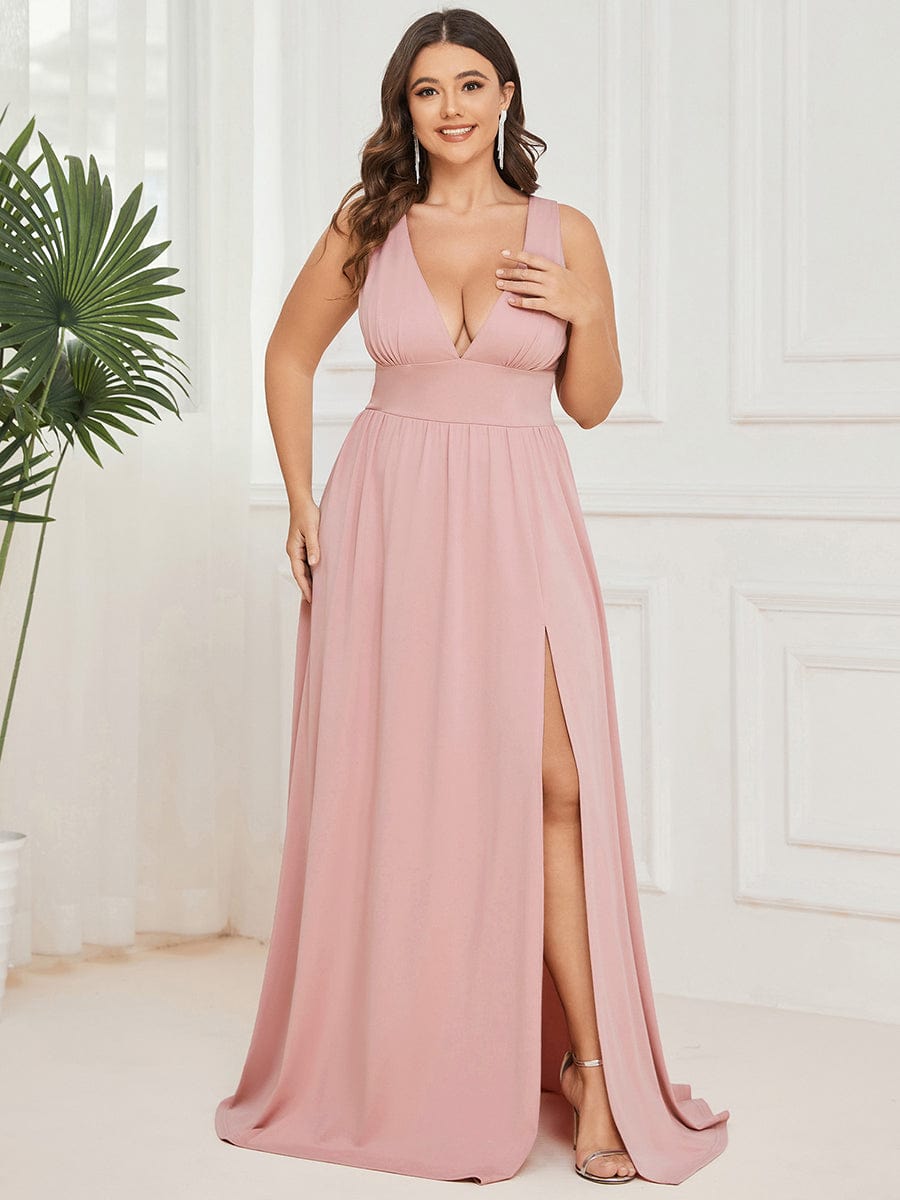 Plus Size Chiffon Lace Print Sleeveless Empire Waist V-Neck Evening Dress #color_Pink