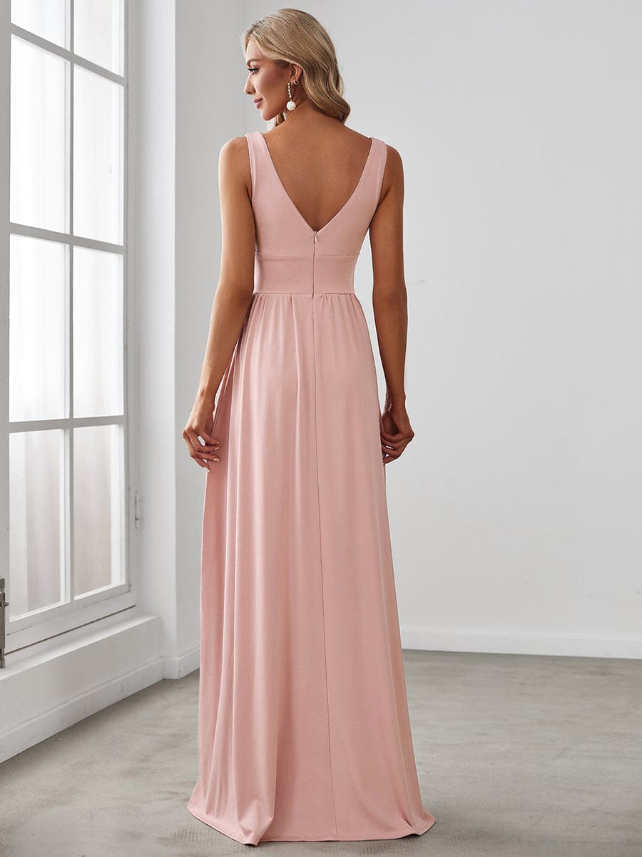 V-Neck High Slit Empire Waist Floor-Length Evening Dress #color_Pink