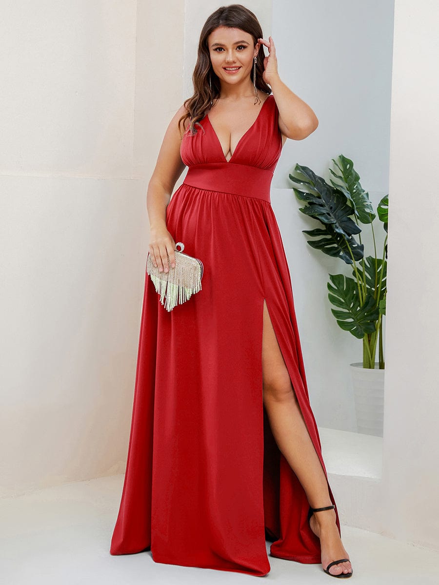 Custom Size V-Neck High Slit Empire Waist Floor-Length Evening Dress #color_Red