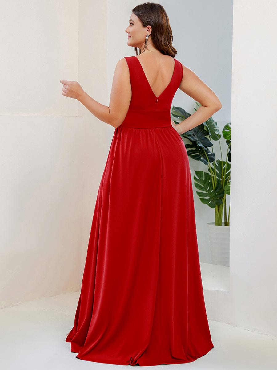 V-Neck High Slit Empire Waist Floor-Length Evening Dress #color_Red