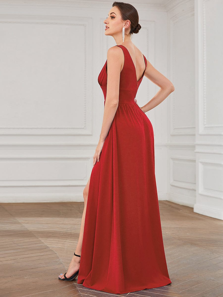 Custom Size V-Neck High Slit Empire Waist Floor-Length Evening Dress #color_Red