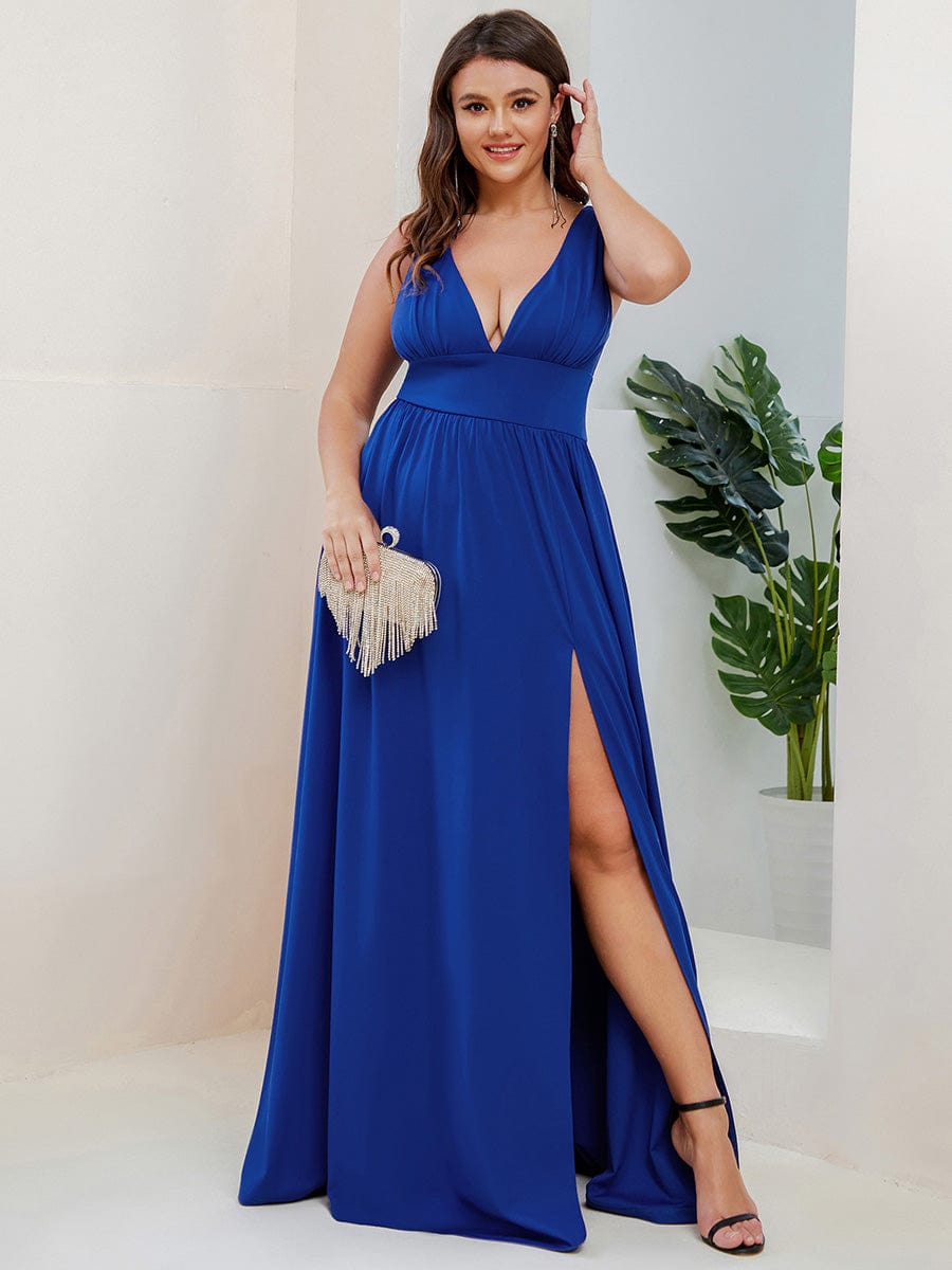 V-Neck High Slit Empire Waist Floor-Length Evening Dress #color_Sapphire Blue
