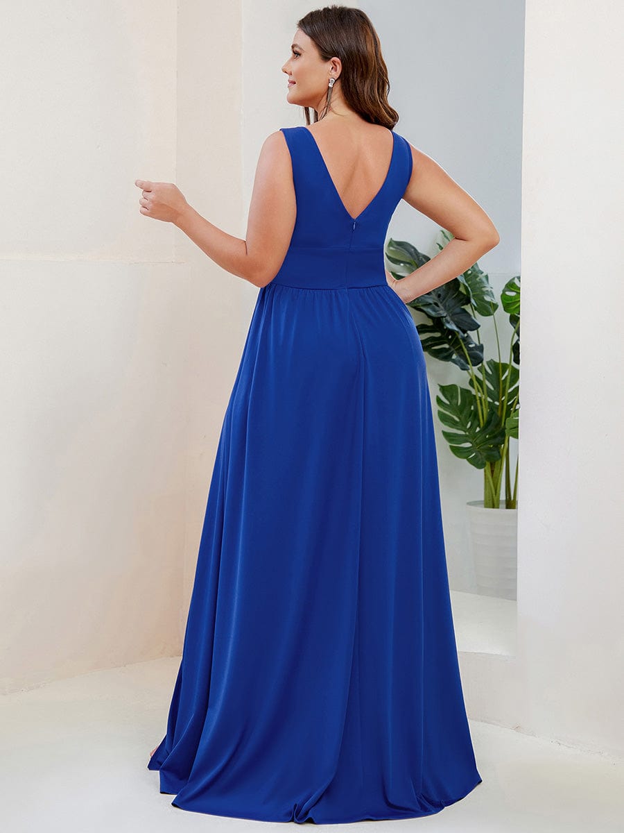 V-Neck High Slit Empire Waist Floor-Length Evening Dress #color_Sapphire Blue