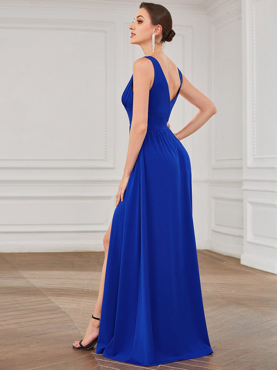 Custom Size V-Neck High Slit Empire Waist Floor-Length Evening Dress #color_Sapphire Blue