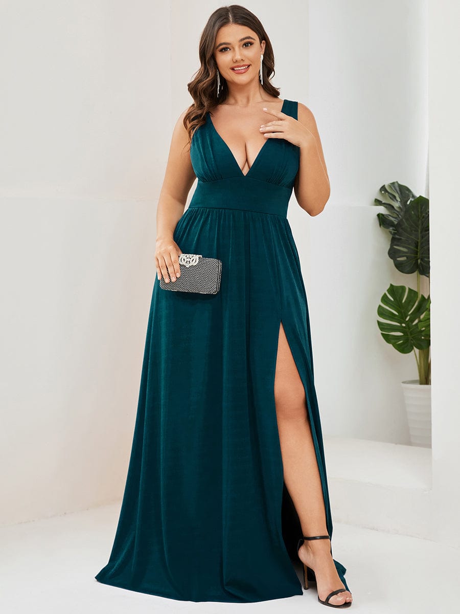 V-Neck High Slit Empire Waist Floor-Length Evening Dress #color_Teal