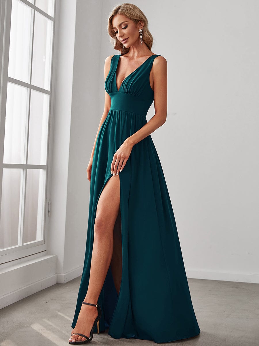 Custom Size V-Neck High Slit Empire Waist Floor-Length Evening Dress #color_Teal